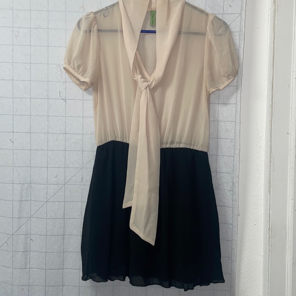 Tan and black dress. Sheer top with tie and lined black skirt bottom.